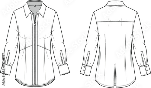 Cad drawing flat vector illustration, technical sketch of women’s shirt, fashion design template, garment construction, long sleeve top, sewing pattern