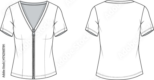 Cad drawing flat vector illustration, technical sketch of women’s short sleeve top, fashion design template, garment construction, zipper front blouse
