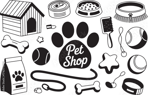 Pet Shop Vector Illustration Set with Accessories such as Kennel Bowl Bone Toy Bag Can Collar Brush Paw Print and Word Design for Store