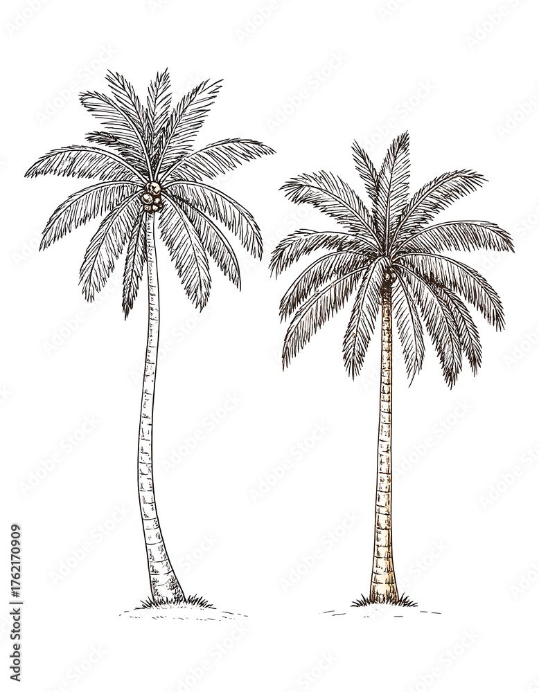 Fototapeta premium Two palm trees drawn in sketch style