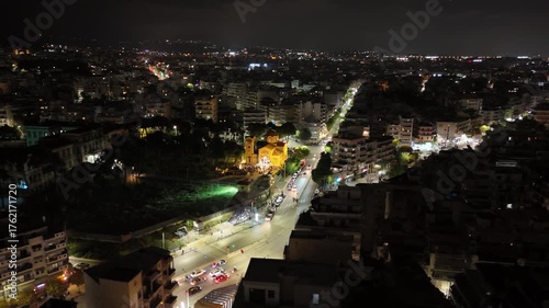 Night aerial drone view of Thessaloniki city, Greece, in autumn
