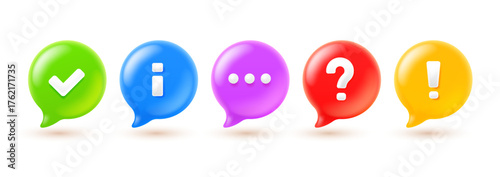 Vector set of color speech bubble with different mark. 3d cartoon style design of collection of text speech bubble. Illustration of realistic social media symbol of communication icon