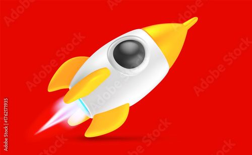 Vector startup realistic illustration of yellow color business startup ship symbol. Toy space rocket launch. 3d cartoon style concept design of shuttle takeoff, spaceship icon with fire
