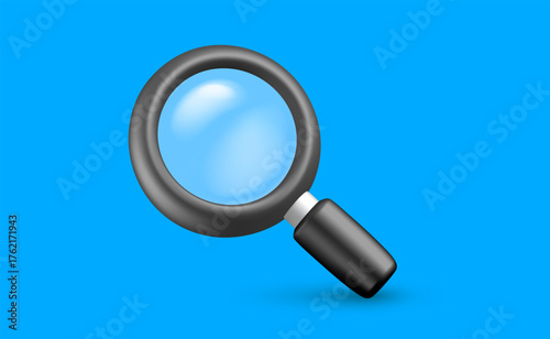 Vector realistic illustration of black color magnify loupe tool with transparent zoom lens on blue background. 3d cartoon style design of magnifying glass icon for search and focus