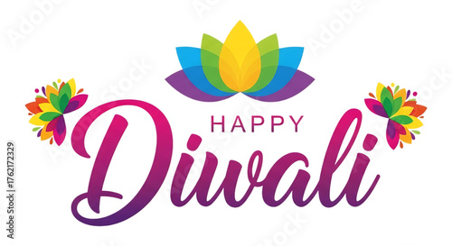 Happy diwali greeting with colorful lotus flowers and elegant typography for festive celebrations and cultural events during the hindu holiday season