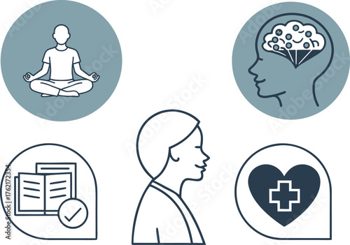 Mental Health Wellness Icons Set : Meditation Mindset Knowledge Heart Health