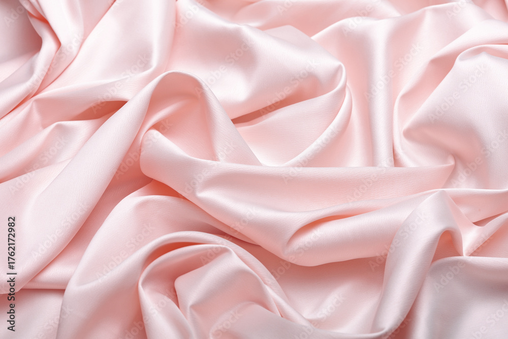 Obraz premium Close-up of luxurious baby pink acetate satin fabric, heavily draped and folded to showcase its silky texture, rich luster, and flowing nature, ideal for fashion and elegant apparel design.