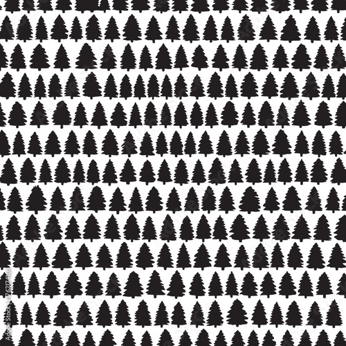 Dense pattern of black Christmas trees of varying sizes on a white background seamless