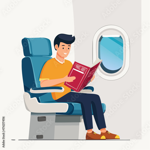 Young Man Reading a Book on a Plane A Vector Illustration of Leisure and Travel with Comfortable Seating