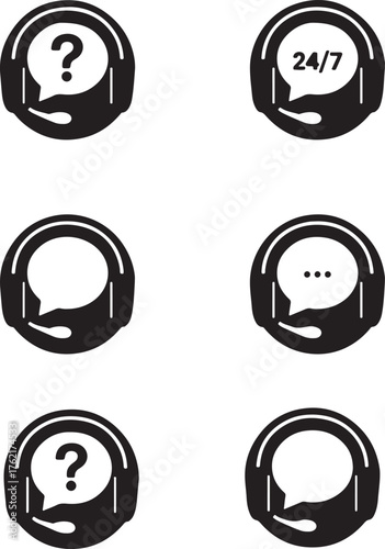 Set of six black headset icons with speech bubbles and question marks on white symbol