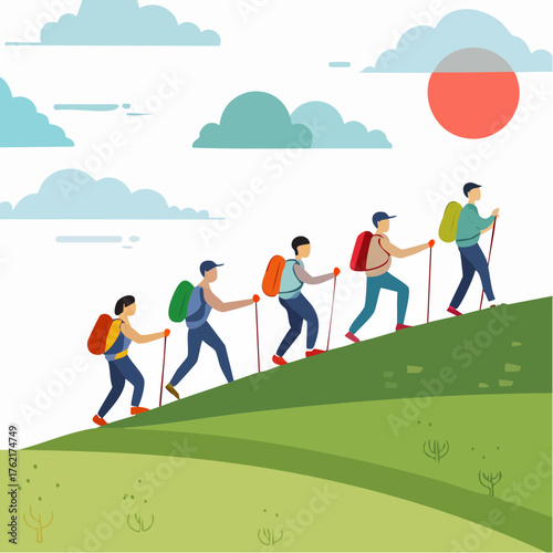 Group of hikers ascending a grassy hill with backpacks and walking sticks under a cloudy sky and a setting sun, symbolizing adventure and teamwork