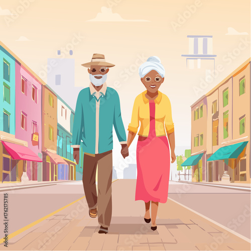Happy elderly couple strolling down the street together, enjoying their retirement in good company