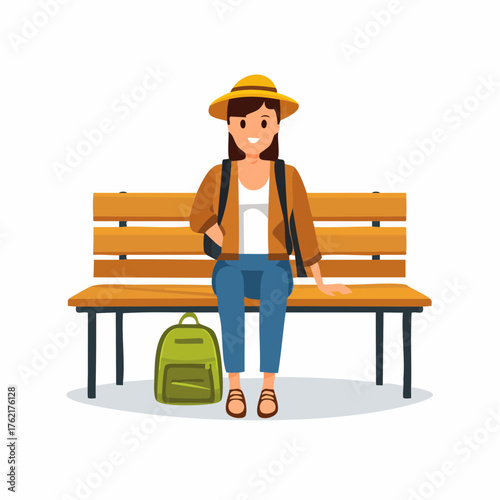 A cheerful young woman traveler wearing a hat and carrying a backpack, sitting patiently on a wooden bench while waiting for her journey to begin