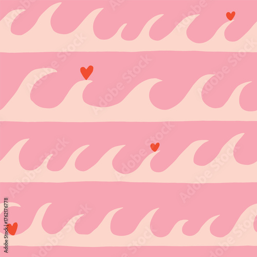 Abstract Ocean Wave Seamless Pattern with Hearts in Minimal Style. Playful Sea Waves Repeat Texture with Cute Little Hearts