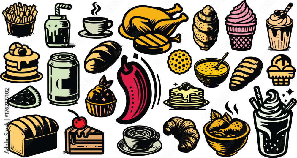 Εκτύπωση καμβά Vector art of assortment of delicious food items, including pastries, main cours