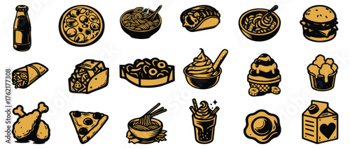 Vector art of collection of hand drawn fast food and meal  including pizza, burgers, drinks, and desserts