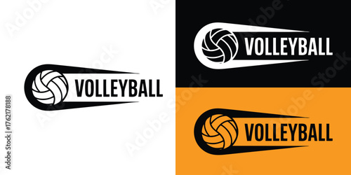 Bold Volleyball Sport Logo, Dynamic Black Ball Emblem on Vibrant Orange Background