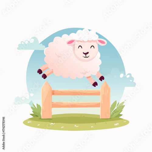 Happy Cartoon Sheep Jumping Over Wooden Fence in a Green Meadow with Clouds in the Sky Illustration