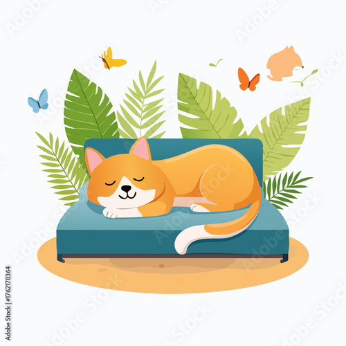 A cute orange cat sleeping peacefully on a teal couch surrounded by plants and butterflies