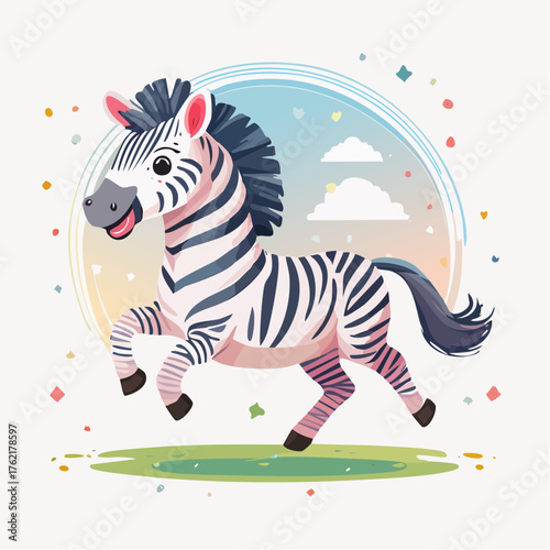 Adorable striped baby zebra joyfully leaping in a whimsical, colorful meadow, surrounded by playful confetti and soft clouds, embodying a concept of carefree childhood wonder