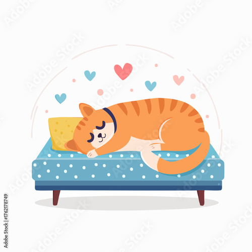 Sleeping Cat on Bed with Hearts A Relaxing Cartoon Illustration