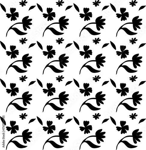 A black floral pattern drawn in doodle style with large black flowers on a white background