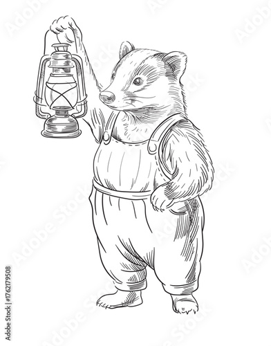 Badger in overalls with a lantern in his hands. Vector illustration.
