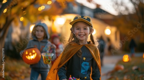 Happy children in creative Halloween costumes trick-or-treating in suburban neighborhood at dusk, jack-o-lanterns glowing on porches, colorful autumn trees, candy buckets