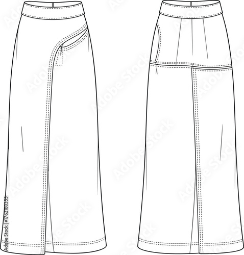 Long skirt technical fashion sketch, front and back view, curved seam, pocket detail, garment construction, cad drawing flat vector illustration