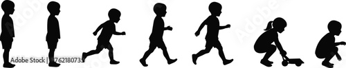  Child development silhouette set, physical growth stages vector, walking running playin