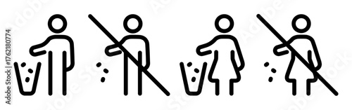 Do not litter line icon showing person throwing trash into bin. Keep area clean outline symbol in editable stroke style. Vector illustration for environmental awareness, signage and public places.