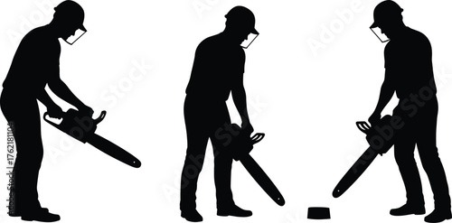  Chainsaw operator silhouette set, safety helmet poses vector, black illustration of