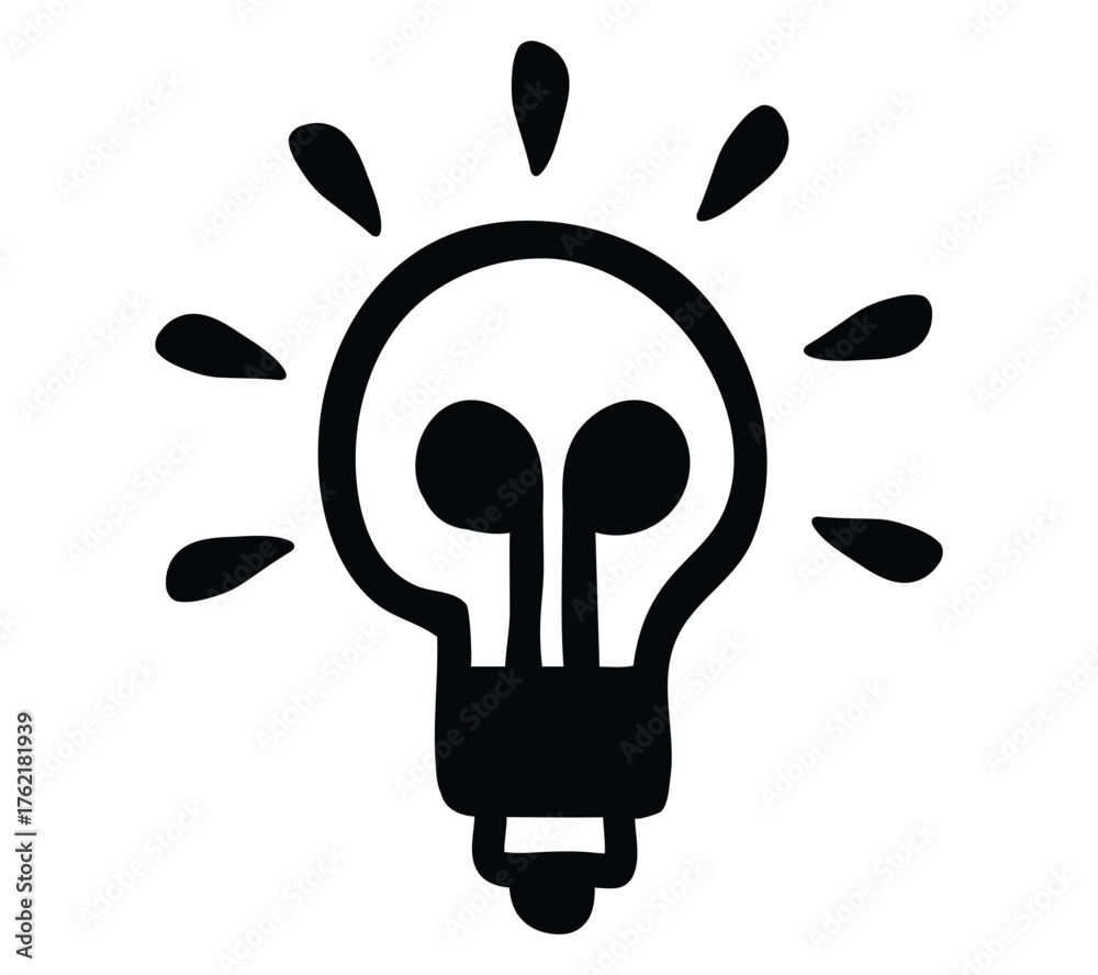 Fototapeta premium Vector art of a black and white handdrawn illustration of a light bulb with a filament resembling eyes, giving it a cartoonish or anthropomorphic feel, isolated on a