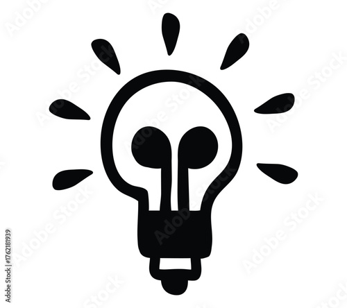 Vector art of a black and white handdrawn illustration of a light bulb with a filament resembling eyes, giving it a cartoonish or anthropomorphic feel, isolated on a