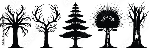 Mystical fantasy tree silhouettes, abstract nature illustration, enchanted forest design, rune symbol artwork, magical vector trees, decorative black silhouette art