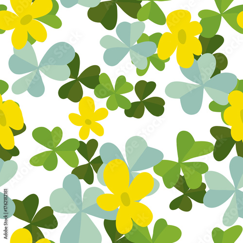 Colorful and fun digital seamless pattern with clover motif, transparent background,
