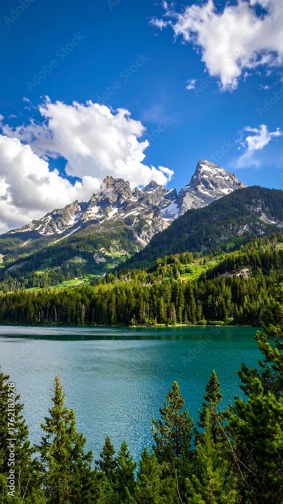 Fototapeta premium Serene mountain range reflecting in a calm, turquoise lake under a sunny sky