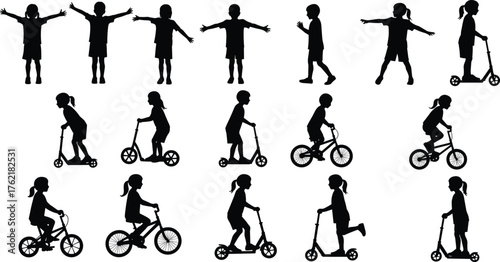  Child silhouette activity vector, walking and riding poses, scooter tricycle bicycle motion,