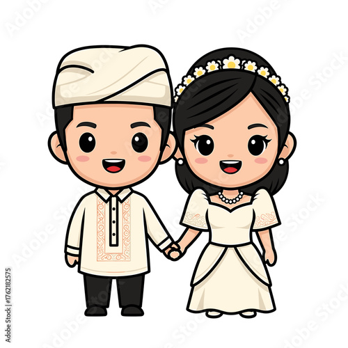 Adorable cartoon couple holding hands, dressed in traditional wedding attire, smiling happily.