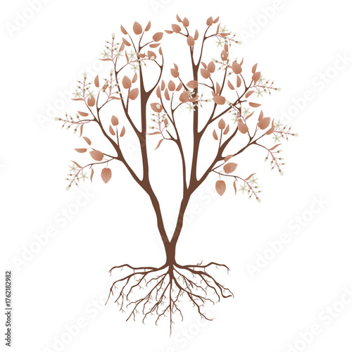 Irga bush with flowers and roots on a white background..eps
