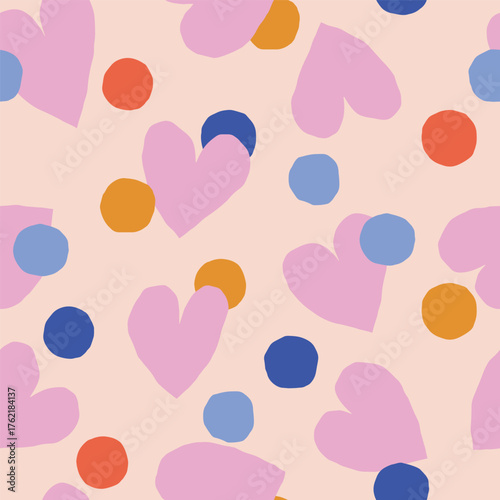 Super Cute Seamless Pattern with Hearts and Dots. Abstract Texture with Hand Drawn Circles and Hearts. Fun and Naive Background Perfect for Children's Clothing, Wrapping Paper and Digital Design