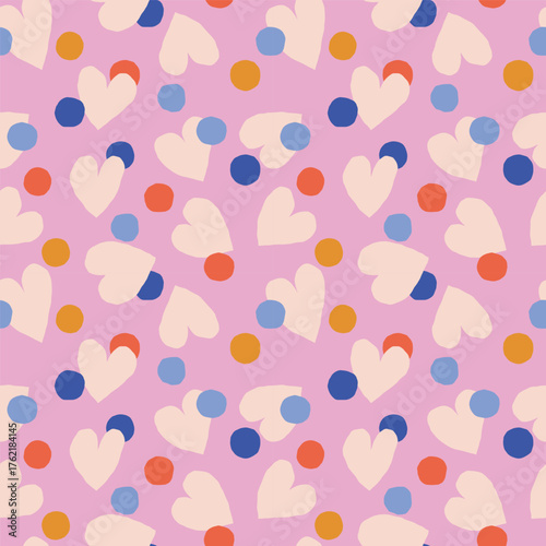 Super Cute Seamless Pattern with Hearts and Dots. Abstract Texture with Hand Drawn Circles and Hearts. Fun and Naive Background Perfect for Children's Clothing, Wrapping Paper and Digital Design