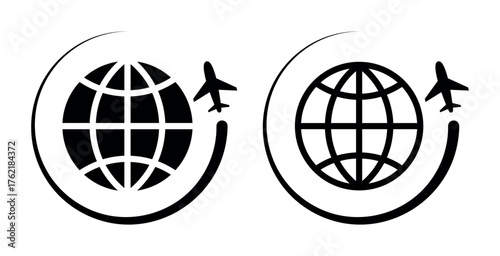 Black icon of airplane flying around the globe. Travel, flight, and international tourism symbol. Simple minimalist design representing worldwide connection, aviation, and global transport.