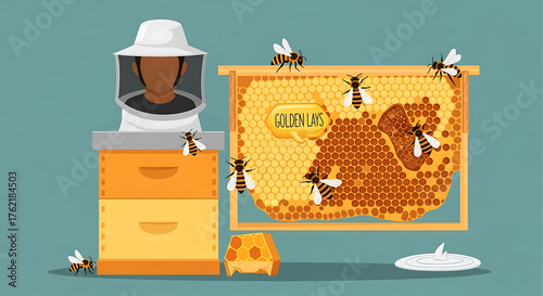 Apiarist Checks Golden Honey Frame Beehive Vector Illustration