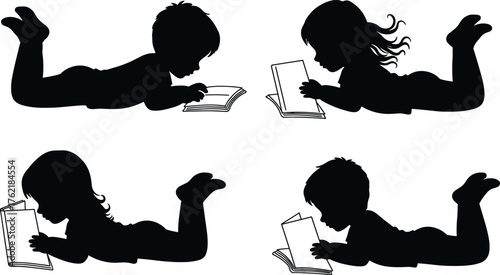  Children reading books silhouette, kids lying down learning, black vector illustration, 