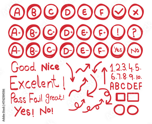Vector art of hand drawn red academic grading symbols, text like good, nice, excellent, pass, fail, yes, no, arrows, numbers, and shapes, isolated on a