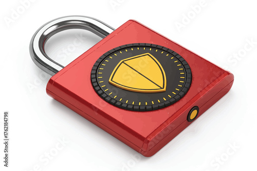 Red Padlock with Yellow Shield Symbol and Silver Shackle