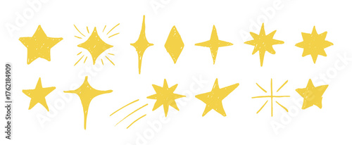 Hand drawn Christmas crayon stars set. Cute yellow crayon stars with soft chalk texture and cozy childlike style. Perfect festive doodles for holiday cards, winter decor or magical illustrations.