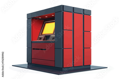 Modern Red and Gray ATM Machine on White Background