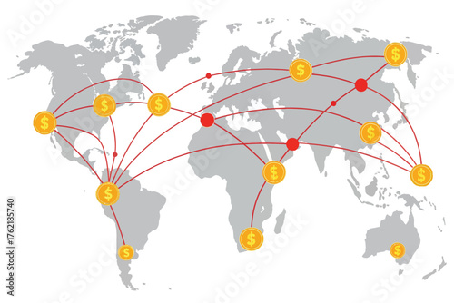 Global Financial Network with Dollar Coins world map